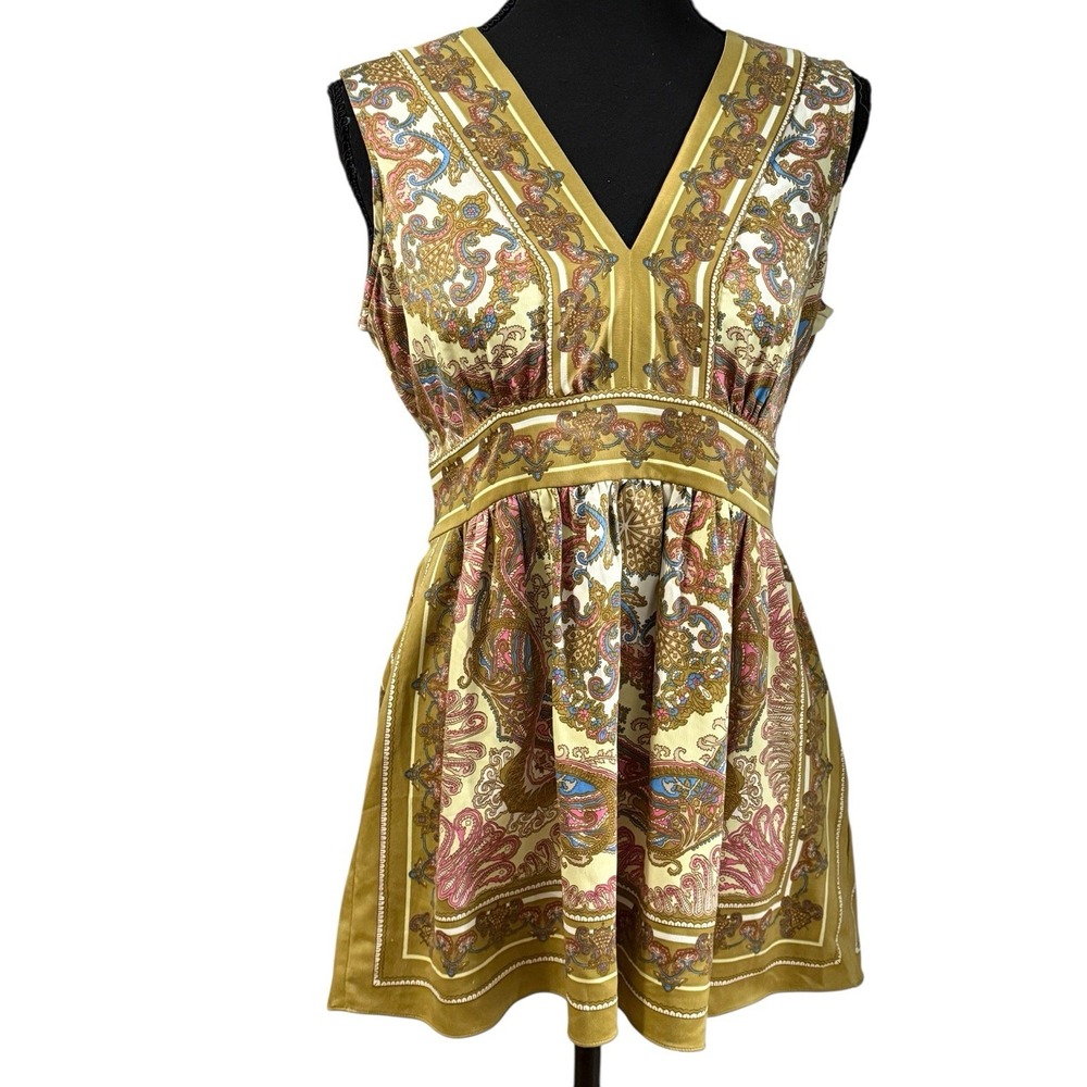 Y2K Boho Whimsy Silky Babydoll Sleeveless V Neck Paisley Top Nicole Miller Sz 6